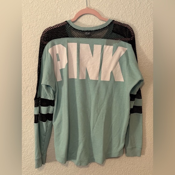 PINK Victoria's Secret Tops - Victoria's Secret PINK mesh crew long-sleeve shirt in light blue and black Small